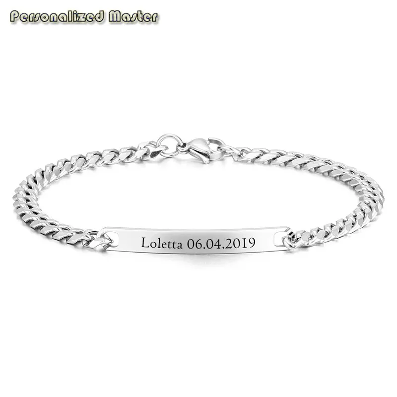 

Personalized Master Customized Text Bracelets Engraved ID Name Bar Stainless Steel Curb Chain Engrave Word Bracelets DIY Jewelry