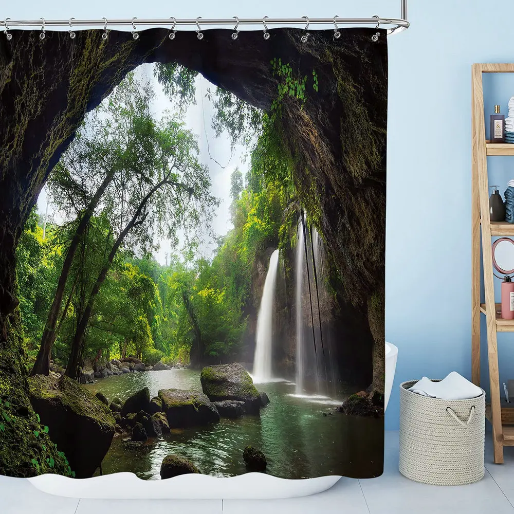 

Nature Scenery Waterfall Shower Curtain Spa Mountain Cave Forest Tree Landscape Jungle Rainforest Green Plants Waterproof Screen