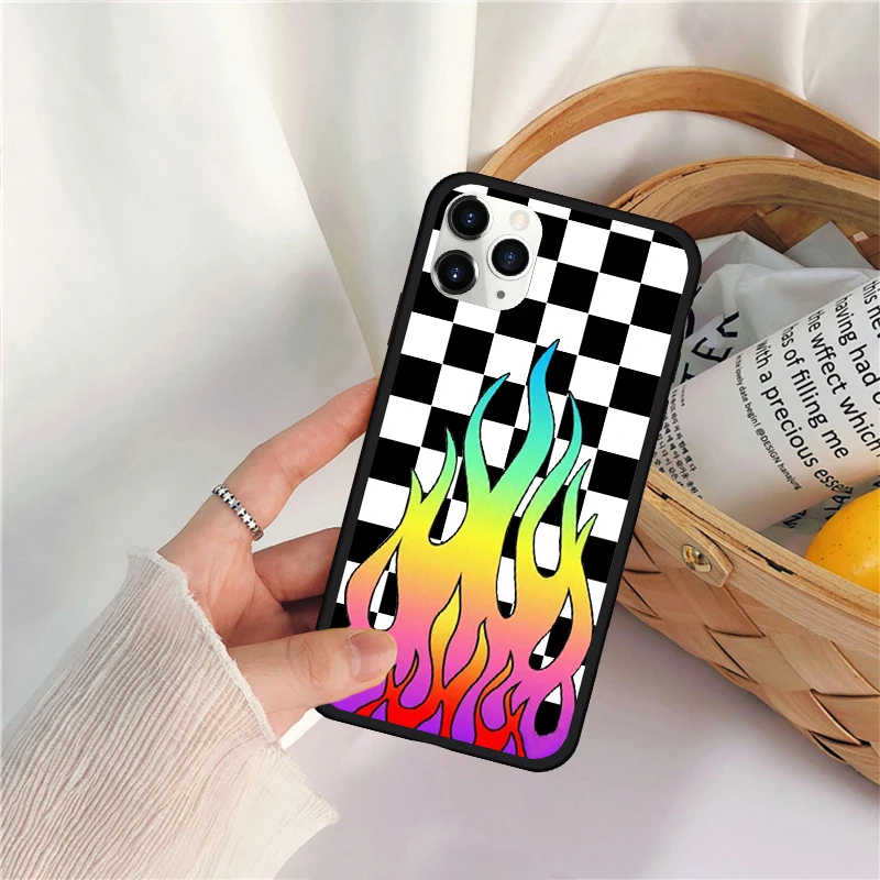 GYKZ черно белые шашки Радуга пламя чехол для телефона iPhone 7 11 Pro XS MAX XR X 8 6 6s Plus сетка