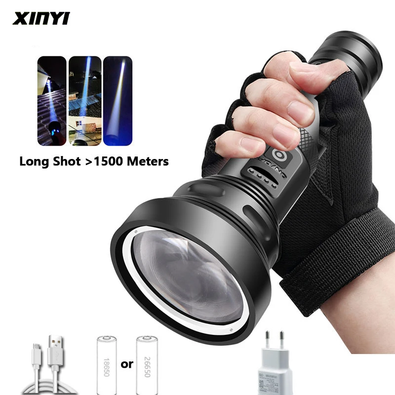 LED Flashlight with Lighting Distance Over 1500 Meters Use Large Convex Lens Waterproof Aluminum Alloy Searchlight
LED Flashlight with Lighting Distance Over 1500 Meters Use Large Convex Lens Waterproof Aluminum Alloy Searchlight
