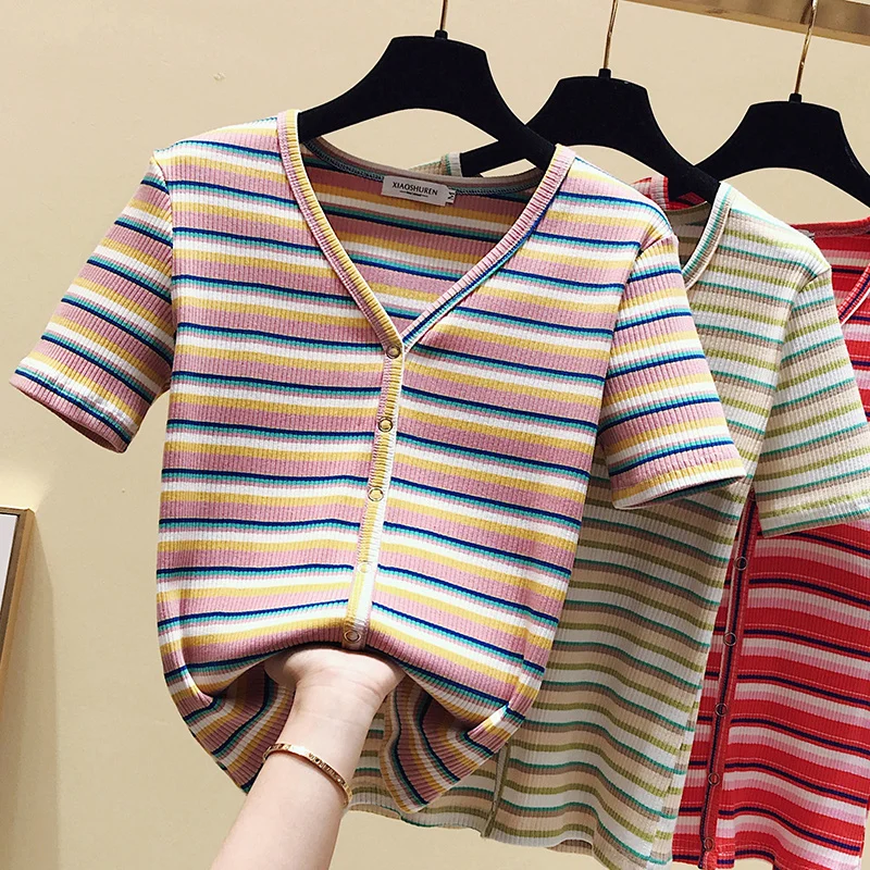 #3712 Colorful Striped T Shirt For Women V Neck Sexy Short Knitted T Shirt Femme Slim Cotton Knitwear T Shirt For Girl Summer
#3712 Colorful Striped T Shirt For Women V Neck Sexy Short Knitted T Shirt Femme Slim Cotton Knitwear T Shirt For Girl Summer