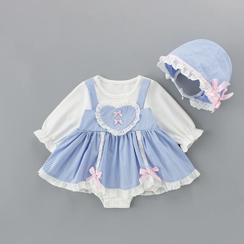 

Spring and Autumn Infant Blue Striped Bowknot Lolita Romper Dress 0-24M Baby Girls Cotton Comfortable Cute Bodysuits with Hat
