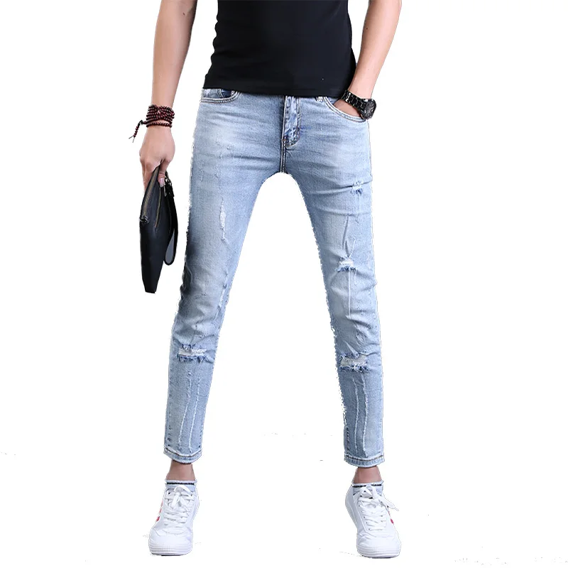 New Men's Jeans Ripped Slim Fit Trousers Summer Stretch Denim Ankle-Length Pants Streetwear Casual Light Blue Jeans for Men
New Men's Jeans Ripped Slim Fit Trousers Summer Stretch Denim Ankle-Length Pants Streetwear Casual Light Blue Jeans for Men