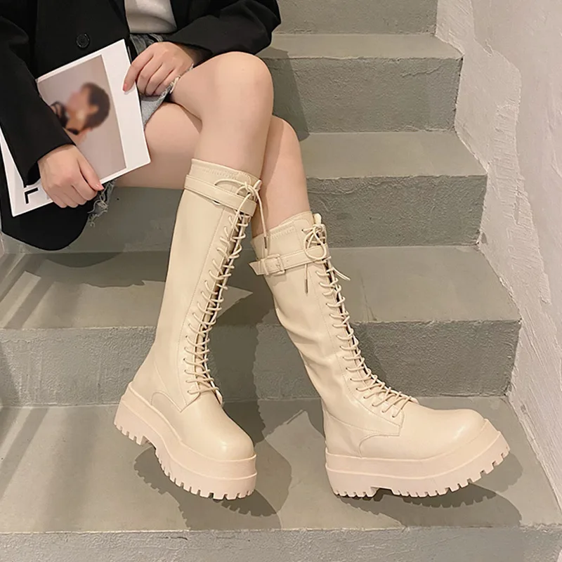 Women's Fashion Mid Boots Ladies Lace-up Buckle Motorcycle Boots Autumn Female Thick Bottom Non-slip Round Toe Footwear New 2021 
Women's Fashion Mid Boots Ladies Lace-up Buckle Motorcycle Boots Autumn Female Thick Bottom Non-slip Round Toe Footwear New 2021