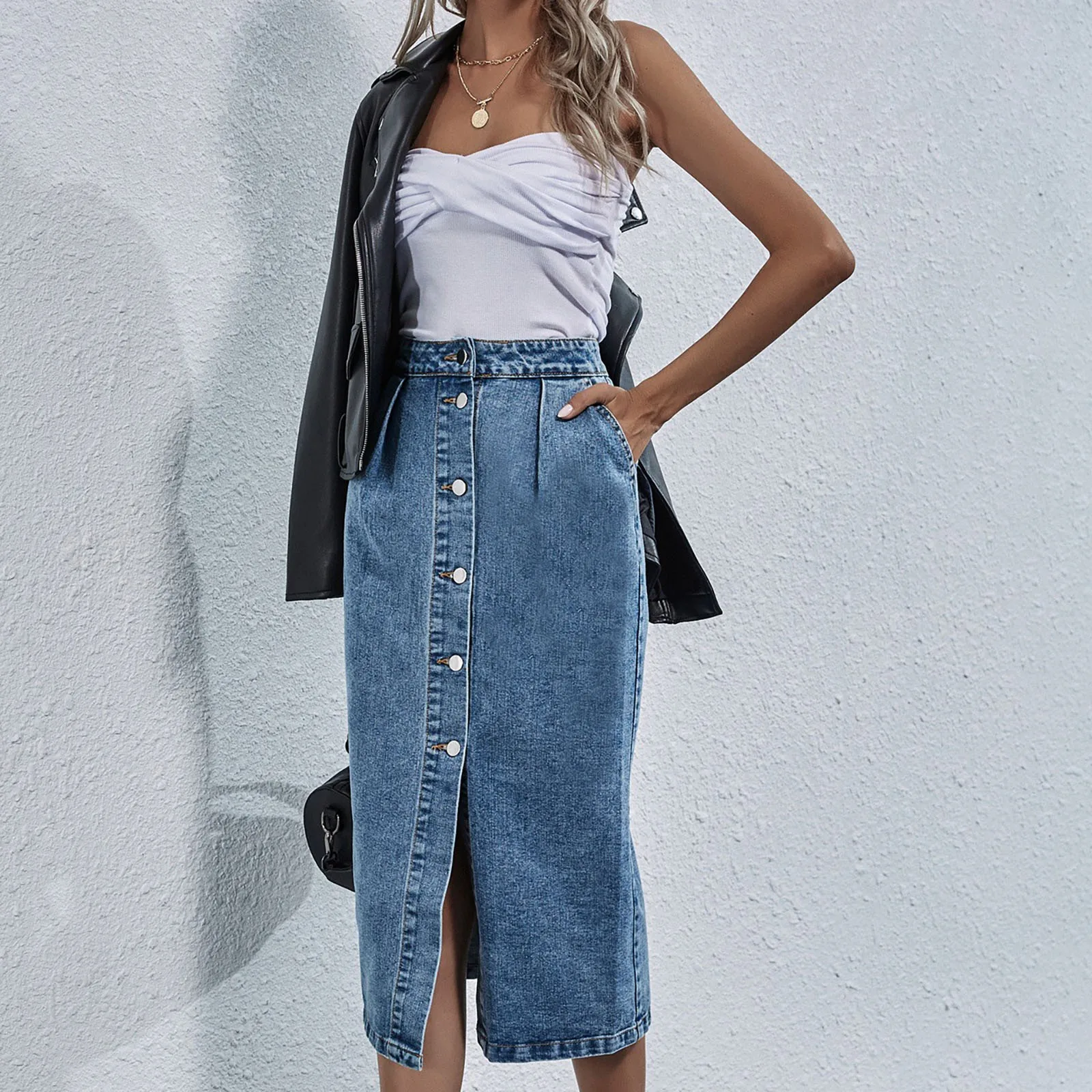SAGACE single row button split new design high waist long skirt show thin medium length women's fashion high waist denim skirt
SAGACE single row button split new design high waist long skirt show thin medium length women's fashion high waist denim skirt