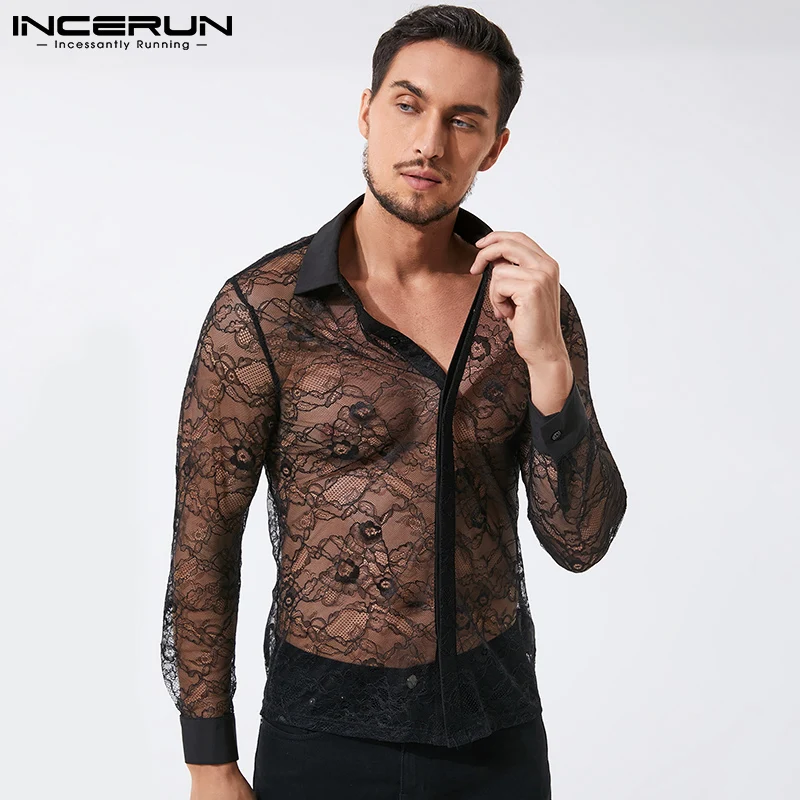 Мужская кружевная Сетчатая футболка, Просвечивающая уличная одежда с отворотами, пуговицами и длинным рукавом, одежда для ночного клуба и в... 
Мужская кружевная Сетчатая футболка, Просвечивающая уличная одежда с отворотами, пуговицами и длинным рукавом, одежда для ночного клуба и в...