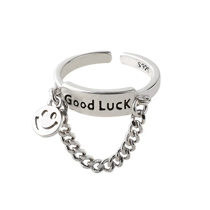 2021 Trendy Vintage Silver Chain Smile Face Opening Ring Women Cool Letters Good Luck Adjustable Tassel Ring
2021 Trendy Vintage Silver Chain Smile Face Opening Ring Women Cool Letters Good Luck Adjustable Tassel Ring