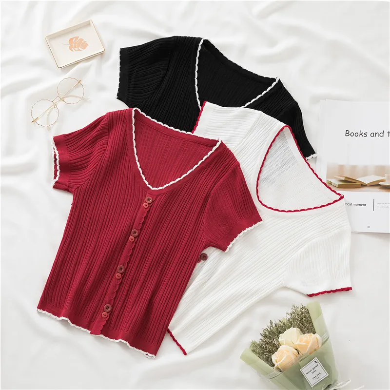 Summer Short Style Woman T-shirts Solid Color Ruffled Collar Short Sleeve Womens T-shirts Knitted Slim Fit V Neck Lady T-shirt
Summer Short Style Woman T-shirts Solid Color Ruffled Collar Short Sleeve Womens T-shirts Knitted Slim Fit V Neck Lady T-shirt