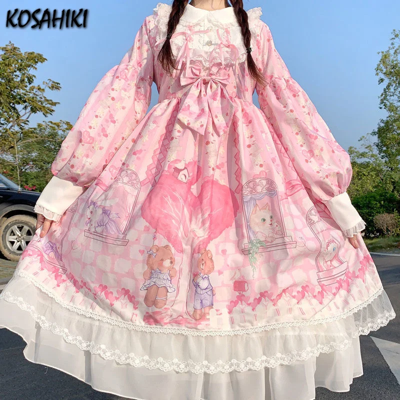 

Милое женское платье в стиле Лолиты, платье принцессы с мультяшным медведем, сестрой, кавайное японское женское розовое платье с длинным ру...
