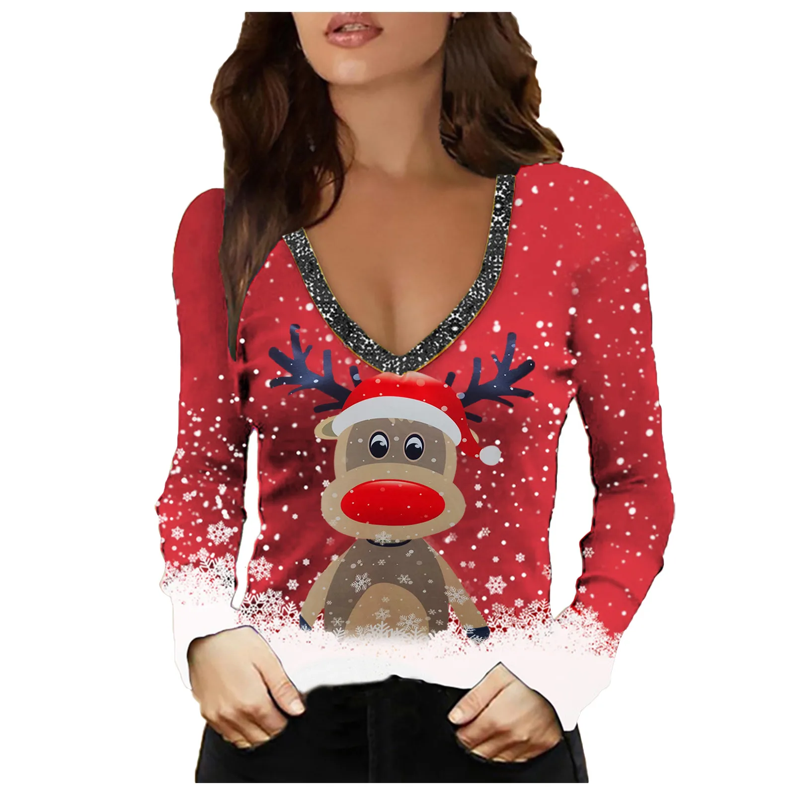 Women Casual Top Blouse V-neck Christmas Print Long Sleeve Blouse Pullover Shirt Cold Shoulder Sexy Soft Tops
Women Casual Top Blouse V-neck Christmas Print Long Sleeve Blouse Pullover Shirt Cold Shoulder Sexy Soft Tops