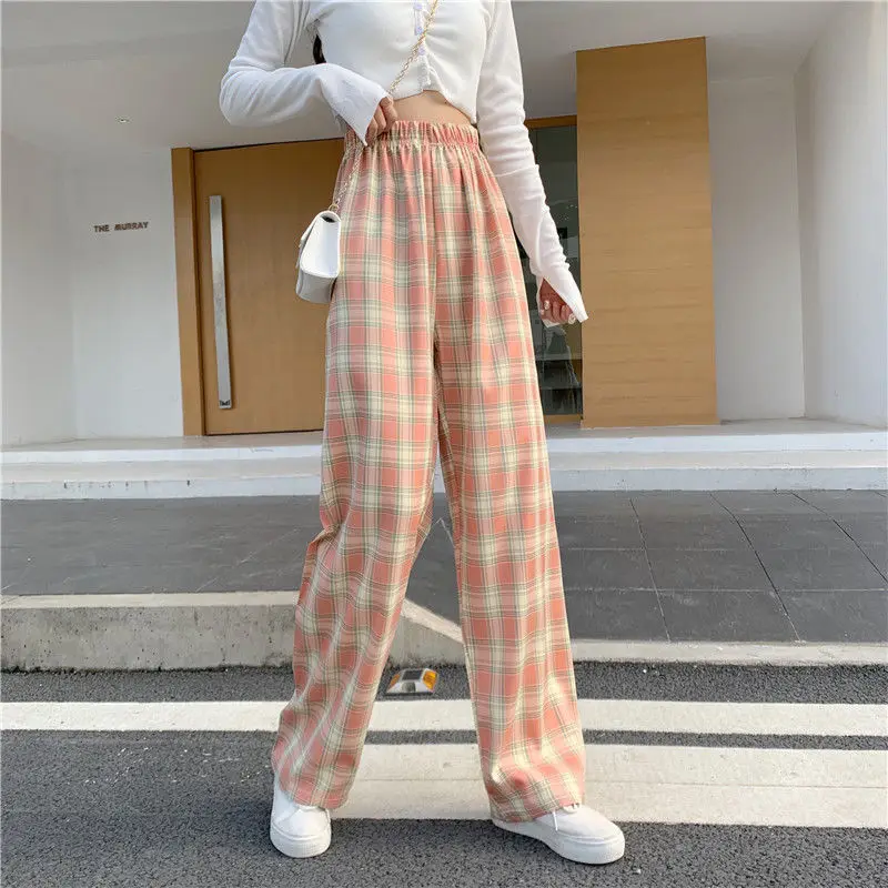 Retro Plaid thin elastic high waist SLIM STRAIGHT casual pants for women