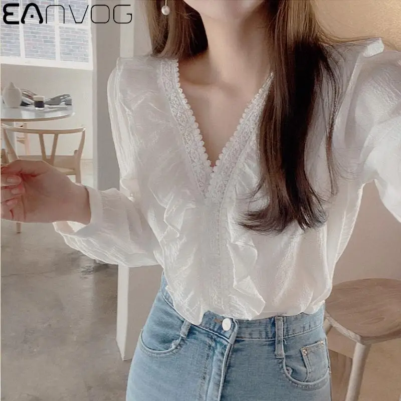 Womens Tops and Blouses Lace V-Neck Elegant Long Sleeve White Shirt Ladies Solid Color feminina Streetwear Women's Chiffon Shirt
Womens Tops and Blouses Lace V-Neck Elegant Long Sleeve White Shirt Ladies Solid Color feminina Streetwear Women's Chiffon Shirt