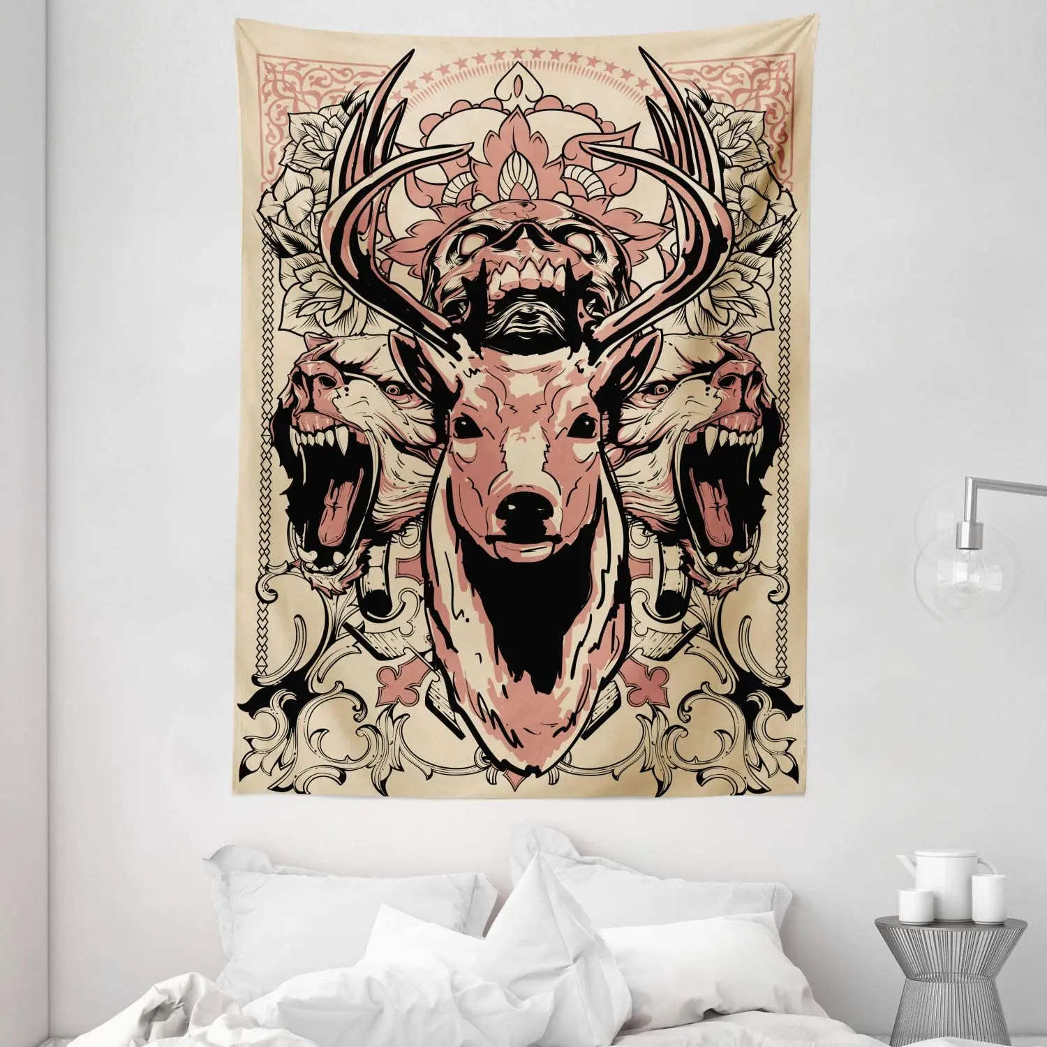 Deer Tapestry Modern Illustration of Skull and Wolves with Floral Design Majestic Antler Wall Hanging for Bedroom Living Room
Deer Tapestry Modern Illustration of Skull and Wolves with Floral Design Majestic Antler Wall Hanging for Bedroom Living Room