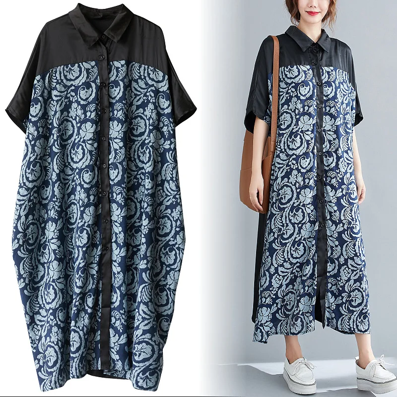 Spring Summer Long Black Blue Spliced Dresses Women Half Sleeve Single Breasted Shirt Dress Chinese Style Print Loose Clothing
Spring Summer Long Black Blue Spliced Dresses Women Half Sleeve Single Breasted Shirt Dress Chinese Style Print Loose Clothing