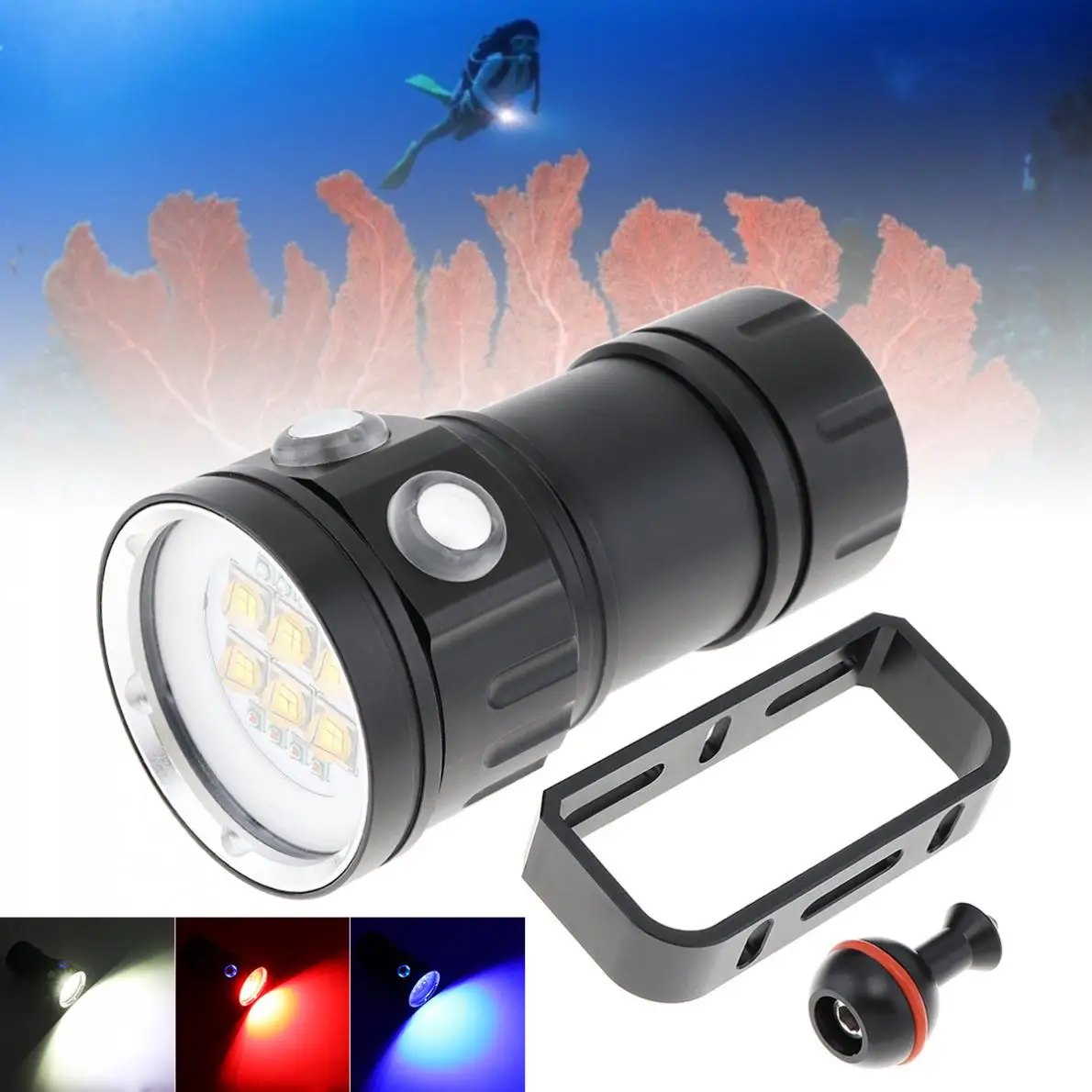 

300W Six 9090 White XML2+Four XPE Red R5+Four XPE Blue R5 LED Underwater 100m Diving Light with Spherical Bracket for Fill Light