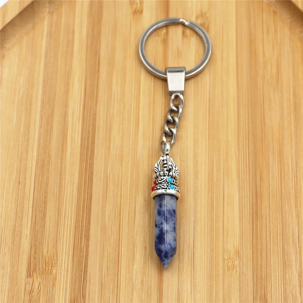 

Blue Sandstone Keychain Natural Stone Hexagonal Bullet Malachite Lapis Lazuli Yellow Agates Key Ring Alloy Crown Charm Keychain