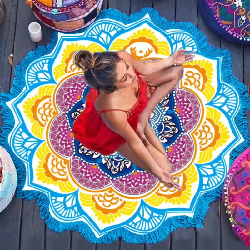 

150*150 CM Pilates Yoga Fitness Mat Summer Beach Indian Mandala Tapestry Peacock Printed Tapete Sunblock Round Cover-Up Blanket