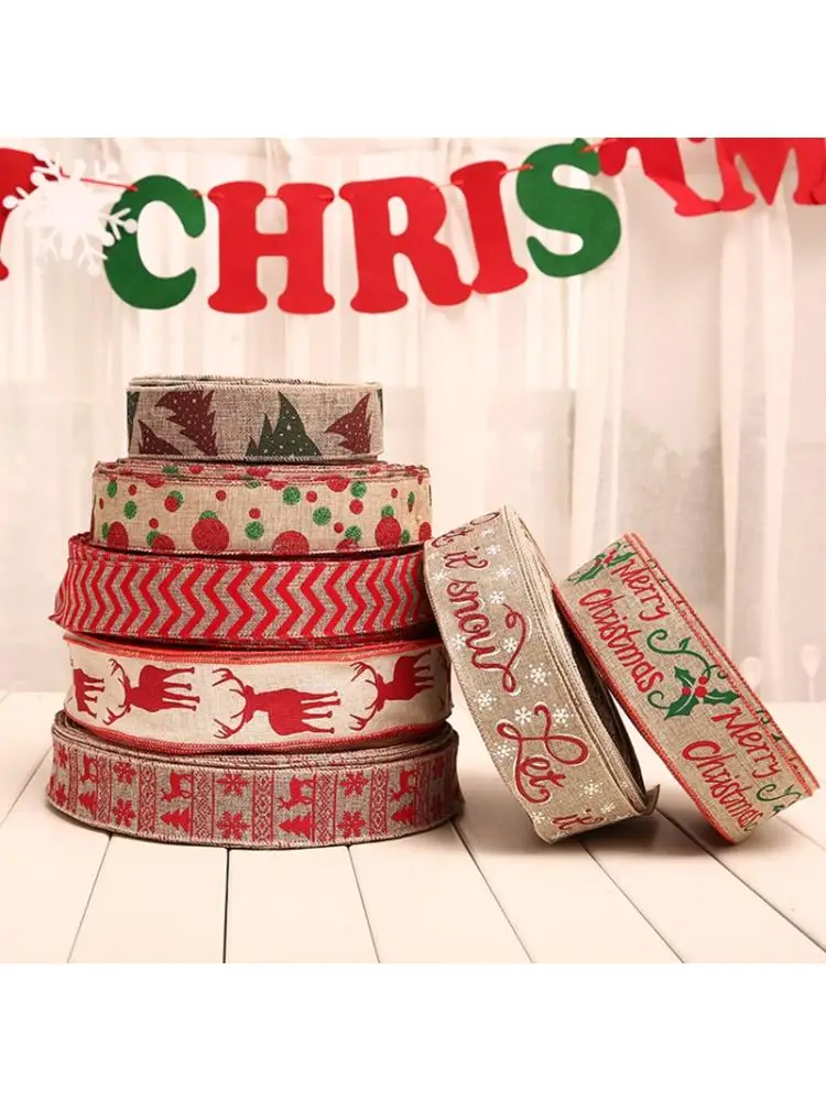 

10 Rolls Rustic Burlap Christmas Ribbon with Cartoon Elk Snowflake Letters Printed for DIY Crafts Gift Wrapping Holiday Party Tr