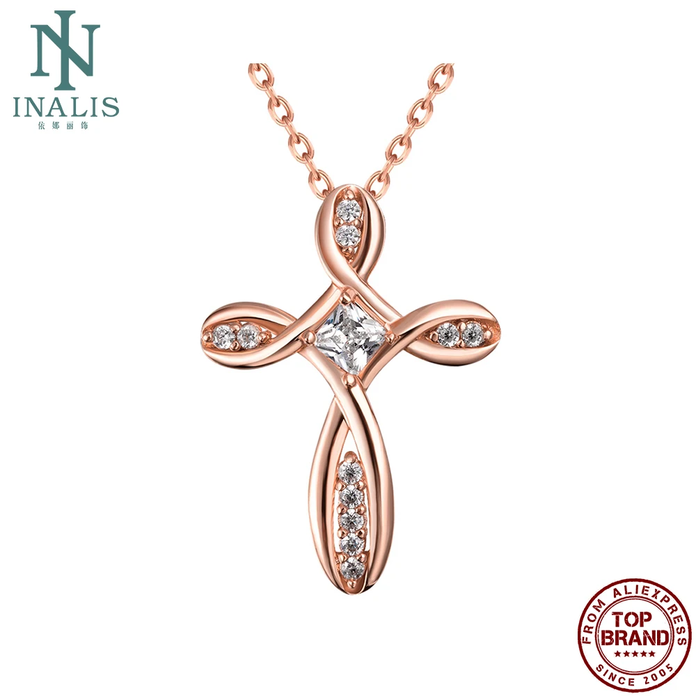 

INALIS Rose Gold Cross Pendant Necklaces European American Style Elegance Clear Zircon Women Necklace Party Fashion Jewelry Gift