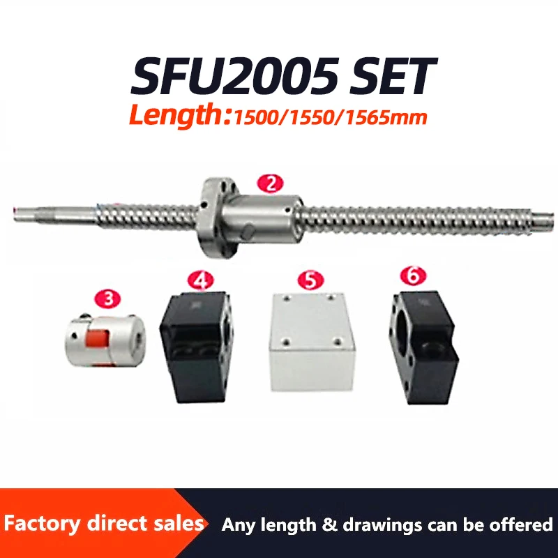 Fast deliver Ball screw set 2005 1500mm-1565mm with nut +support BKBF15+nut holder+coupling for CNC 
Fast deliver Ball screw set 2005 1500mm-1565mm with nut +support BKBF15+nut holder+coupling for CNC