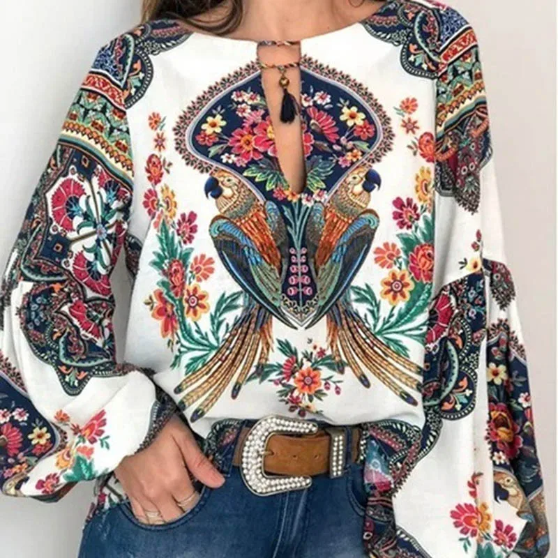 Женская шифоновая блузка с длинным рукавом, белая, синяя, красная, желтая блузка свободного покроя с винтажным принтом 
Женская шифоновая блузка с длинным рукавом, белая, синяя, красная, желтая блузка свободного покроя с винтажным принтом