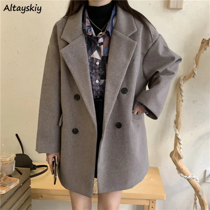 

Blends Women Coat Female Pockets Solid Thickening Invierno Mujer Wool Teens Outwear Double Breasted All-match Wide-waisted Chic