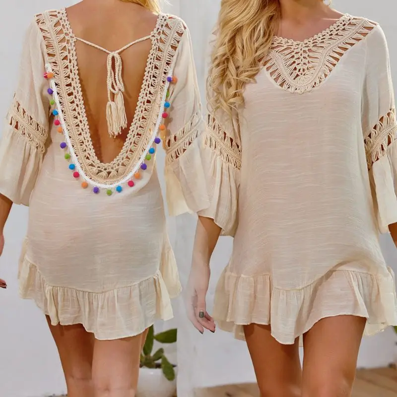 2020 Women Sexy Backless Rainbow Pompom Bikini Cover Up Hollow Crochet Ruffles Tassels Tie Back Asymmetric Beach Dress
2020 Women Sexy Backless Rainbow Pompom Bikini Cover Up Hollow Crochet Ruffles Tassels Tie Back Asymmetric Beach Dress