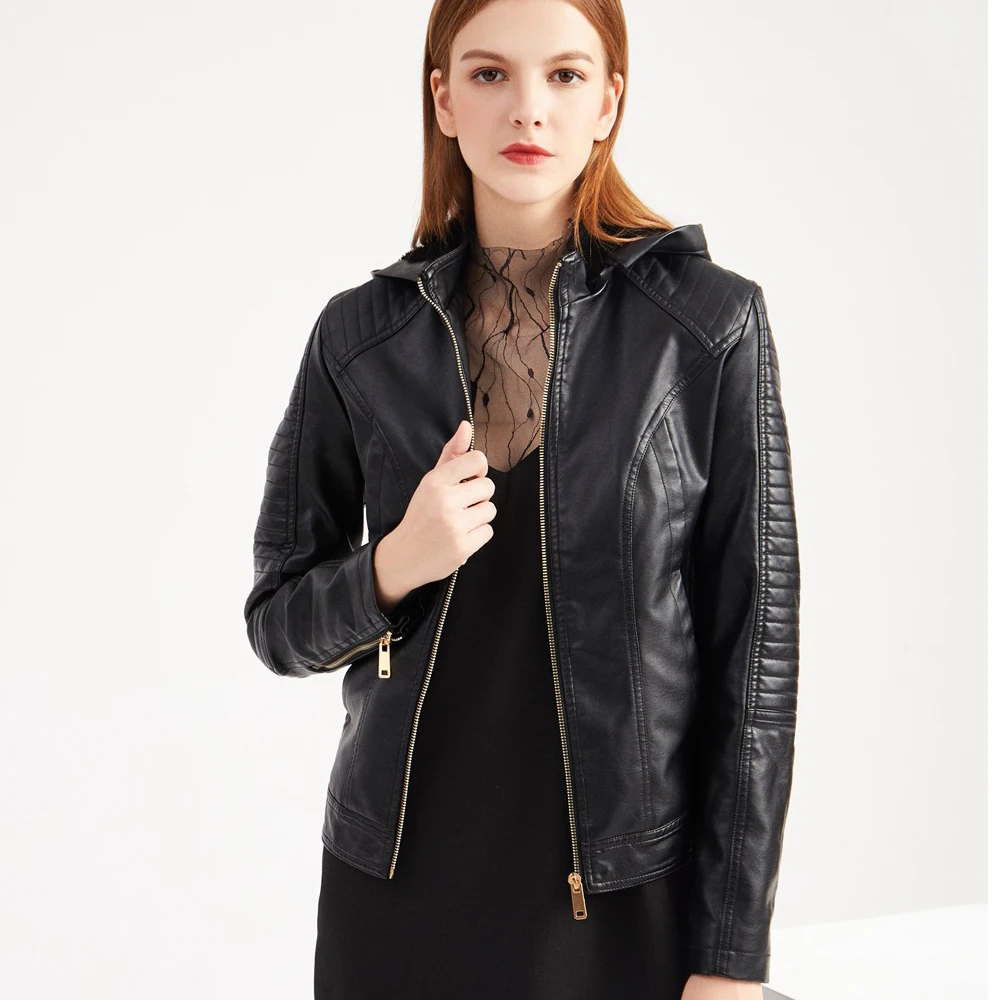 Autumn Winter Fleece Hooded Jacket Women Slim Long Sleeve Faux Leather Short Motorcycle Jacket Female Thin Zipper Outerwear
Autumn Winter Fleece Hooded Jacket Women Slim Long Sleeve Faux Leather Short Motorcycle Jacket Female Thin Zipper Outerwear