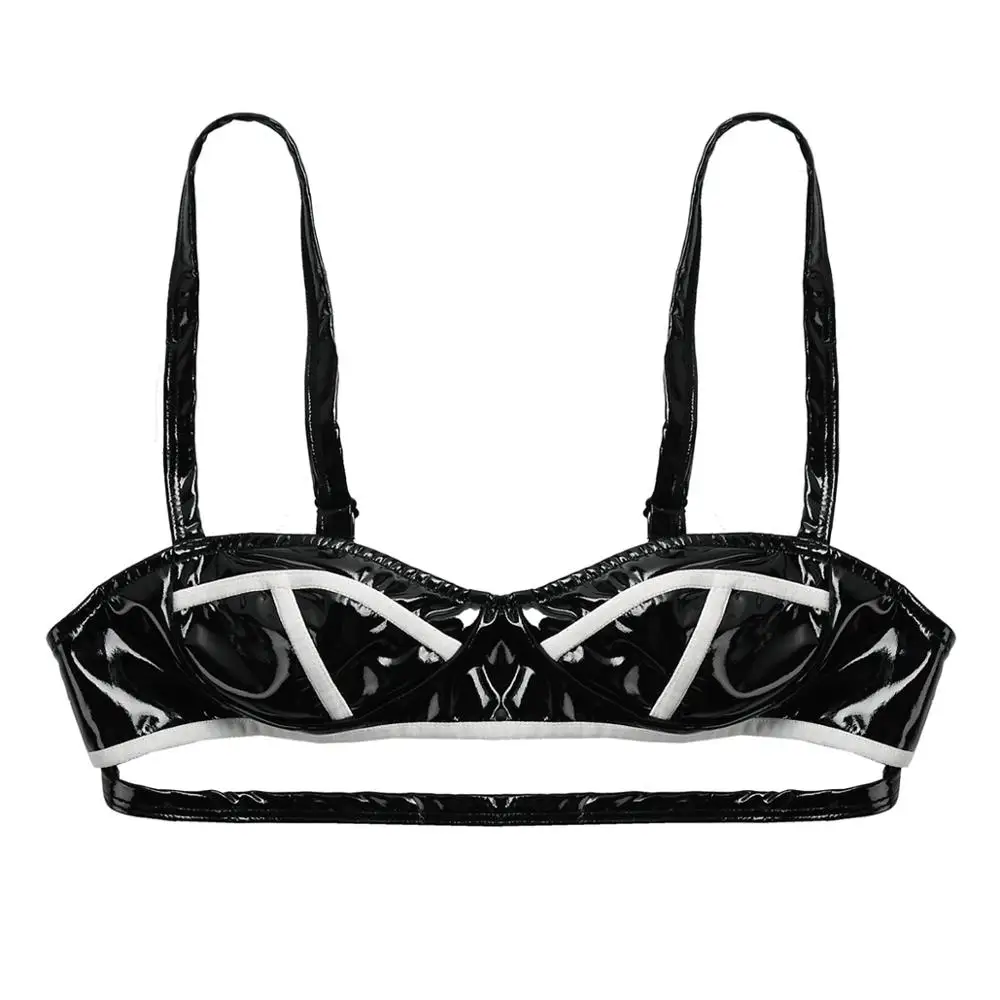 Erotic Womens Latex Bra Top Fashion Black/White Trim Cups Bralette Sexy Cut Out Underbust Push Up Wet Look Leather Bustier Bras |