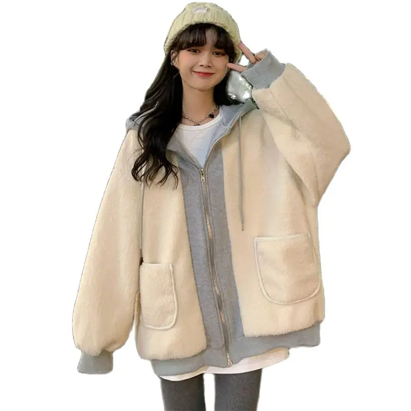 Women's Sweatshirt Ladies Tops Lamb Velvet Hooded Cardigan Fashion Long Sleeves Splicing Drawstring Pocket Winter Tenafeicc
Women's Sweatshirt Ladies Tops Lamb Velvet Hooded Cardigan Fashion Long Sleeves Splicing Drawstring Pocket Winter Tenafeicc
