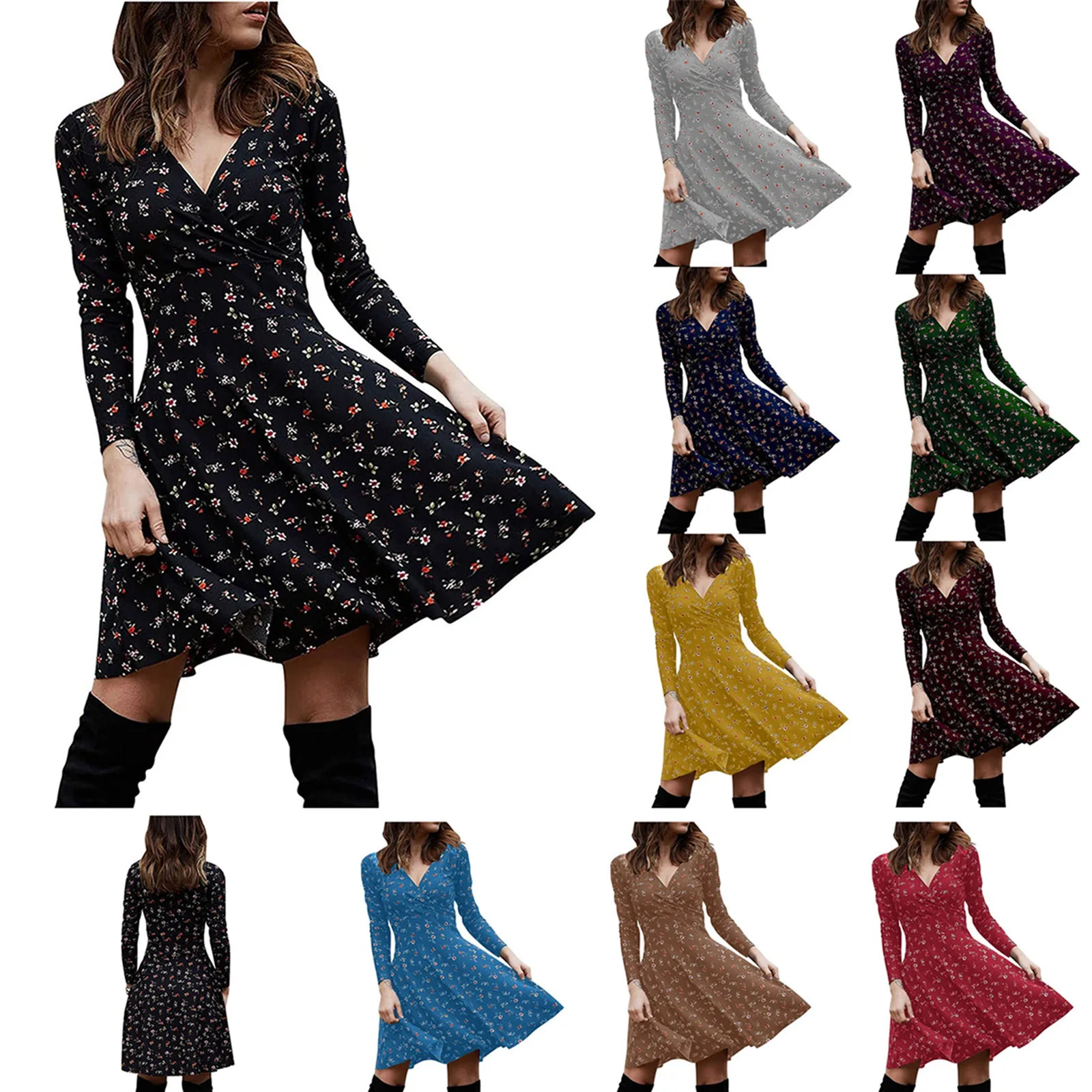 Women Fashion Long Sleeve Floral Dresses Stylish V-neck Dresses for Ladies Female
Women Fashion Long Sleeve Floral Dresses Stylish V-neck Dresses for Ladies Female