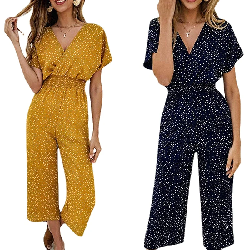 2021 Women's Summer New pants V-neck bat short-sleeved elastic waist loose casual polka dot printing straight cropped jumpsuit
2021 Women's Summer New pants V-neck bat short-sleeved elastic waist loose casual polka dot printing straight cropped jumpsuit