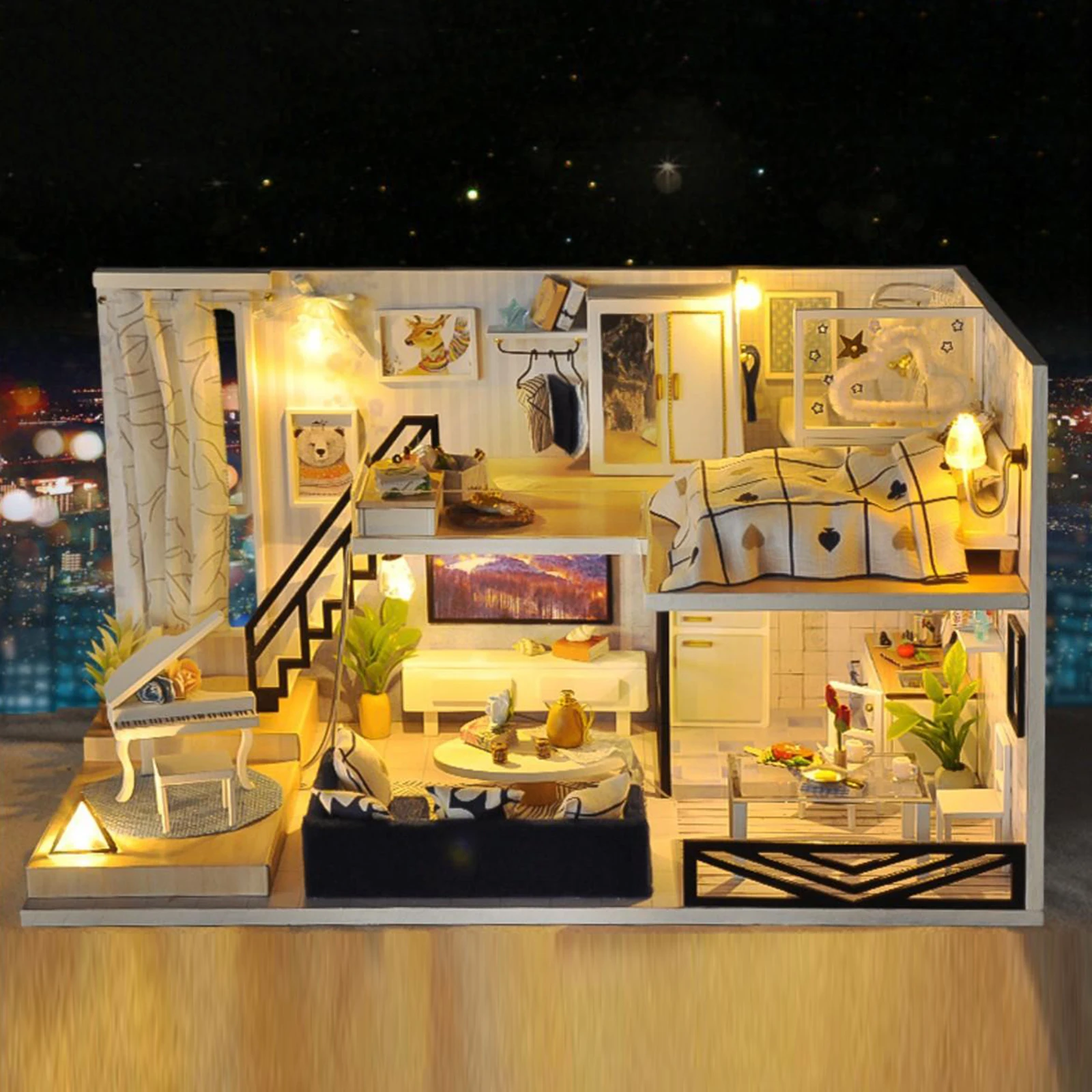 1:24 Wooden Handmade Mini LED Light Dolls House with Furniture Loft Kit Gift
1:24 Wooden Handmade Mini LED Light Dolls House with Furniture Loft Kit Gift