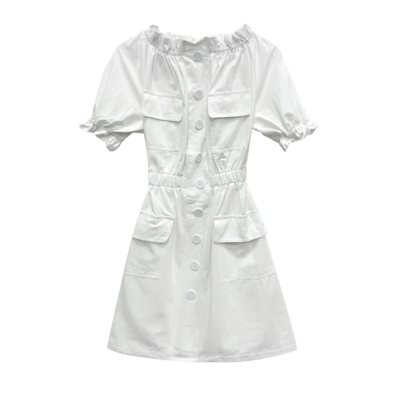 Summer Women Off Shoulder Dress Sexy Solid Single Breasted Mini Dress Streetwear Lady Chic Pockets Decoration M12 
Summer Women Off Shoulder Dress Sexy Solid Single Breasted Mini Dress Streetwear Lady Chic Pockets Decoration M12