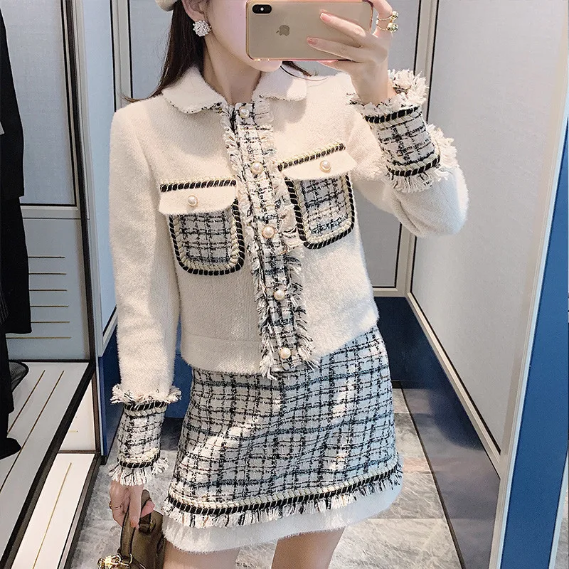 Autumn Winter Elegant Two Piece Set Women Tweed Wool Jackets Coat + Plaid Tweed Mini Skirts Set Plus Size Office Lady Suit B425
Autumn Winter Elegant Two Piece Set Women Tweed Wool Jackets Coat + Plaid Tweed Mini Skirts Set Plus Size Office Lady Suit B425