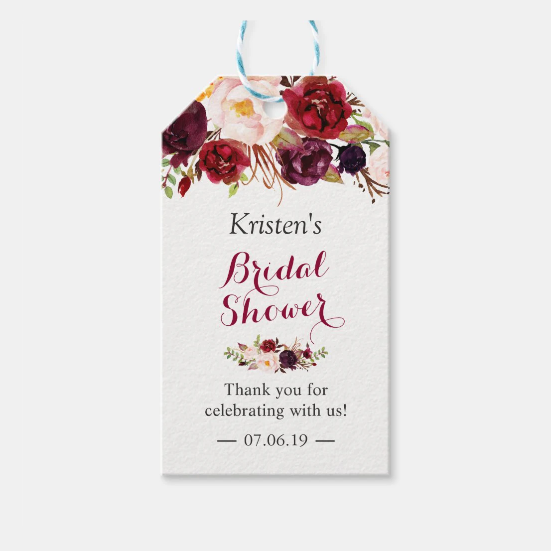 

Custom Burgundy Marsala Floral Chic Bridal DIY Wedding Party Gift Baby Shower Birthday Tags with Colorful Rope