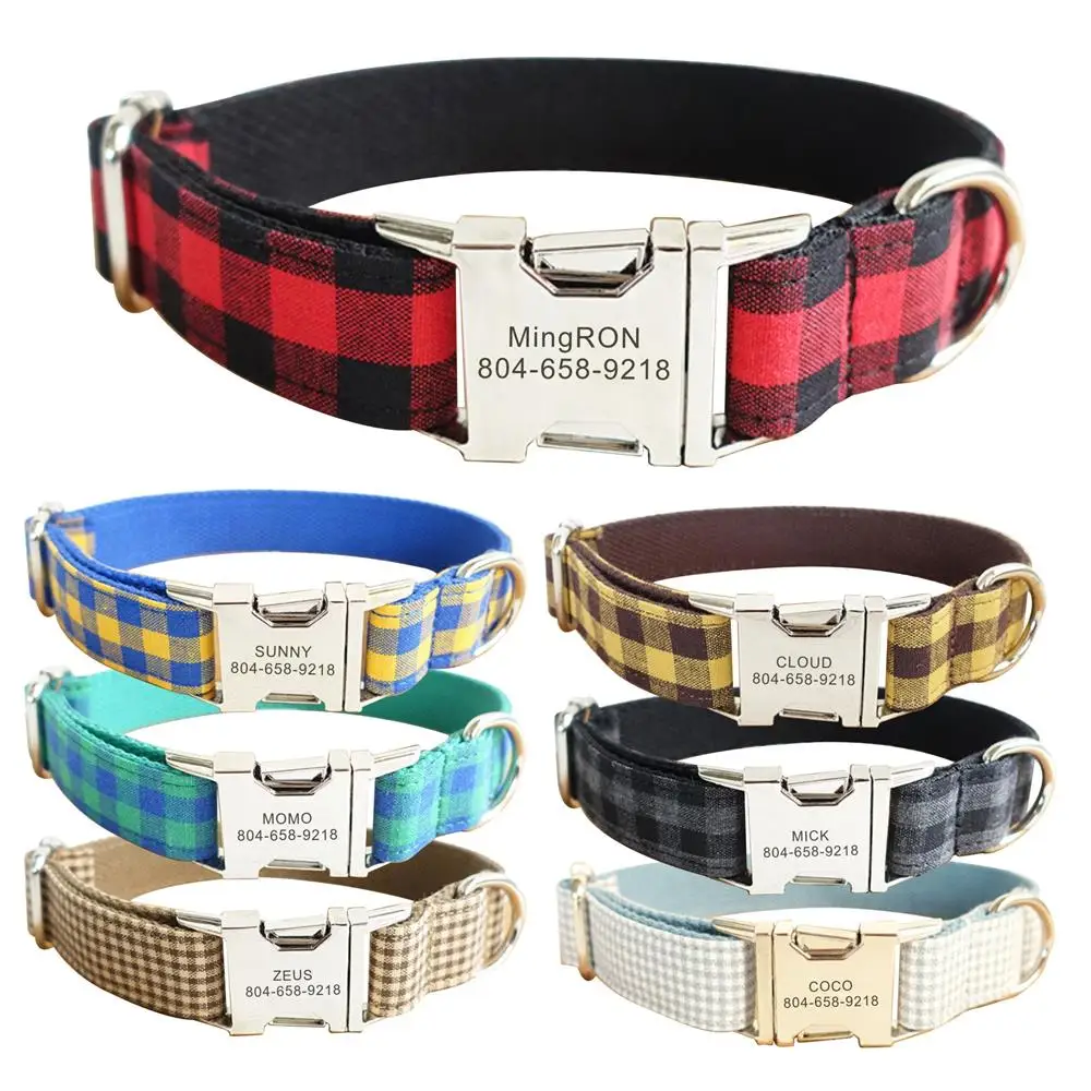 Personalized Pet Collar Custom Plaid Nylon Puppy Cat Name ID Tag Adjustable Collars Lead Leash Set Free Engraving Dog Collars|Наборы| |