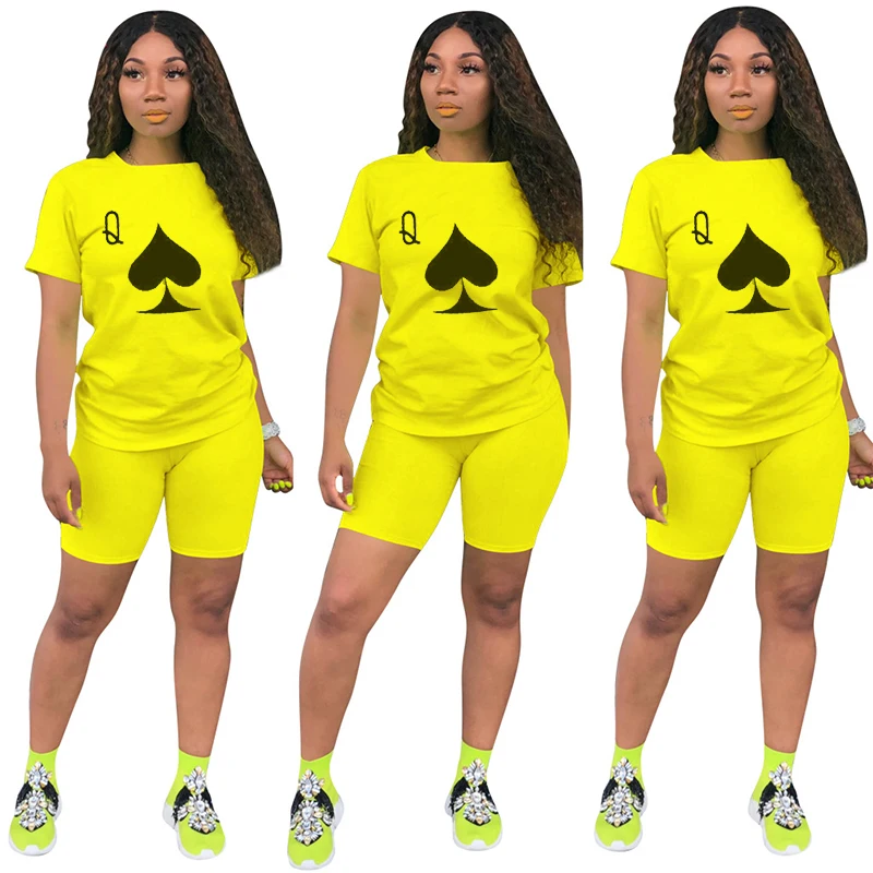 Short Sleeves O-Neck Solid Color Spade Poker Q Print T-Shirt & Biker Pants Women Suit Outfits Two Piece Set
Short Sleeves O-Neck Solid Color Spade Poker Q Print T-Shirt & Biker Pants Women Suit Outfits Two Piece Set