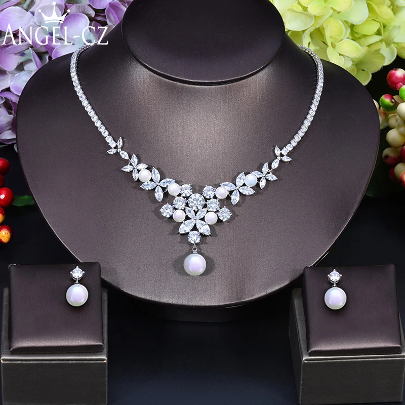ANGELCZ Temperament Floral Cubic Zirconia Necklace Earrings Bridal Pearls Jewelry Sets for Wedding Party Dress Accessories AJ191
ANGELCZ Temperament Floral Cubic Zirconia Necklace Earrings Bridal Pearls Jewelry Sets for Wedding Party Dress Accessories AJ191