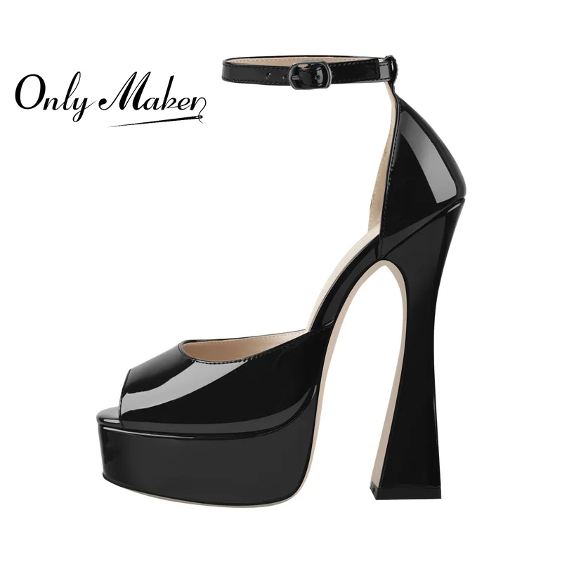 

Onlymaker Women Platform Summer Sandals Black Patent Leather Ankle Strap Chunky High Heels Causal Big Size Fashion Shoes
