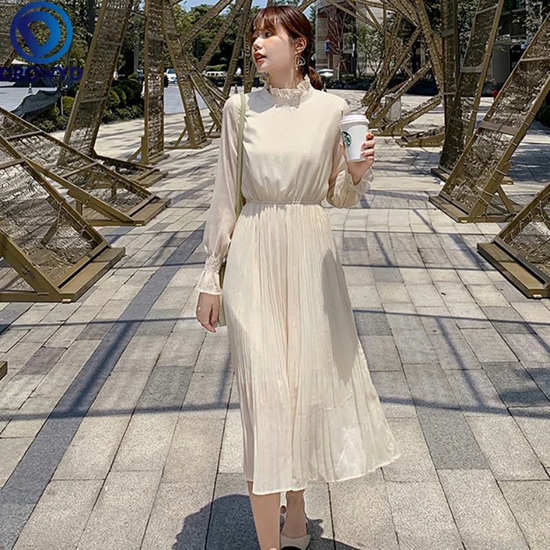 2021 Elegant Stand Collar Flare Sleeve Dress Women A-line Dress Chiffon Midi Dress Female Elastic Waist Pleated Party Vestidos
2021 Elegant Stand Collar Flare Sleeve Dress Women A-line Dress Chiffon Midi Dress Female Elastic Waist Pleated Party Vestidos