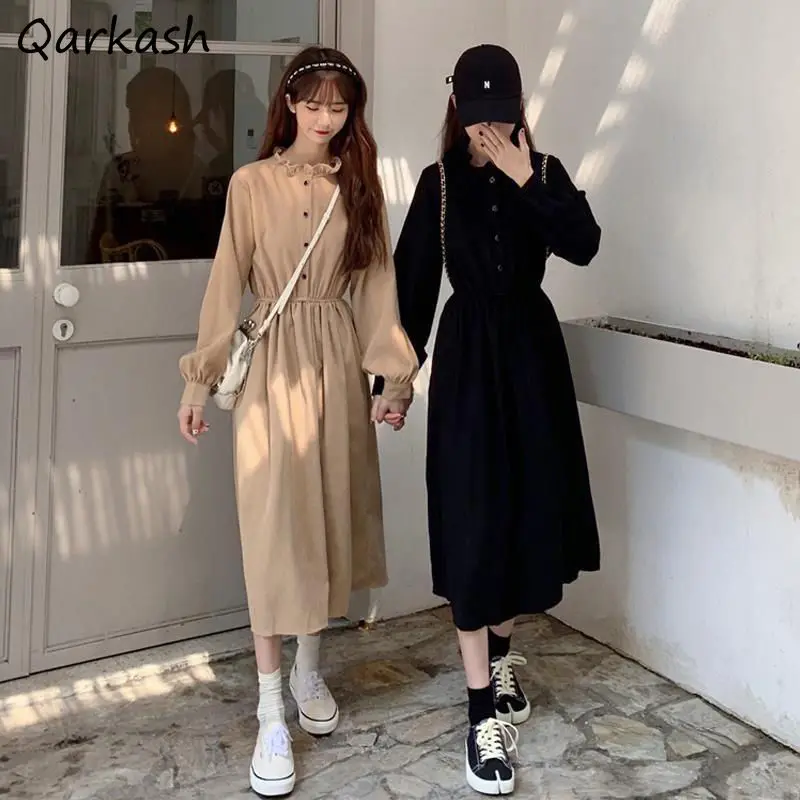 

Long Sleeve Dress Women Empire Button Pure Color Harajuku Korean Style College Simple Autumn Friends Mid-calf Fashion Ins Femme