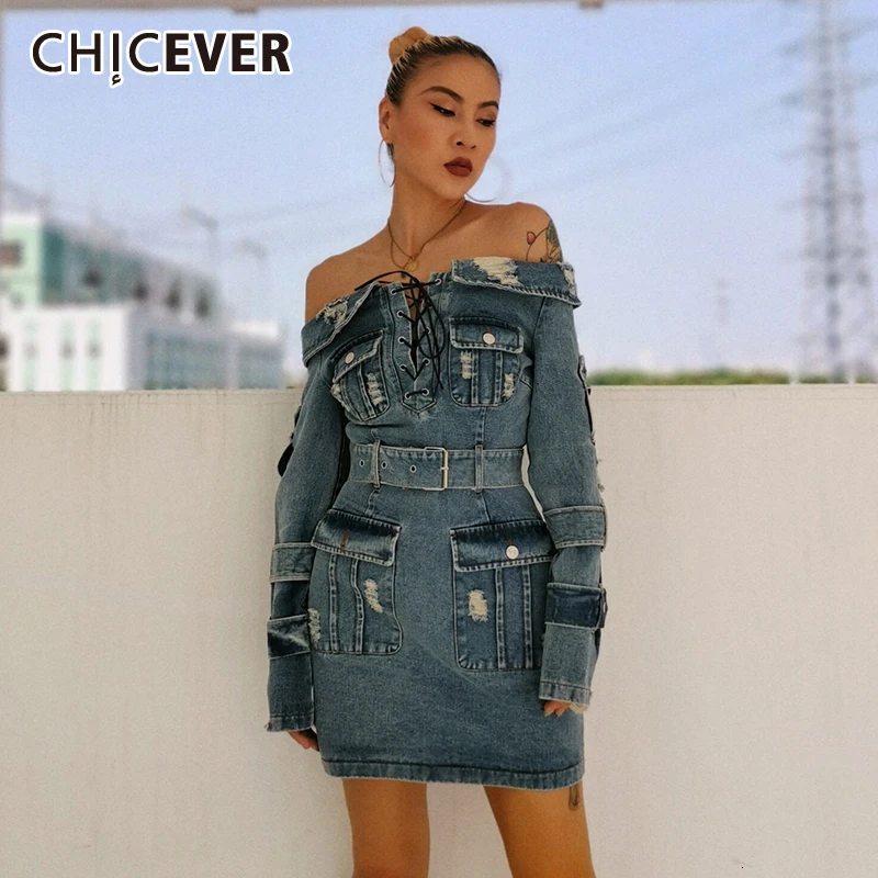CHICEVER Sexy Denim Dress For Women Slash Neck Long Sleeve High Waist Lace Up Patchwork Pockets Mini Dresses Female 2021 Fashion
CHICEVER Sexy Denim Dress For Women Slash Neck Long Sleeve High Waist Lace Up Patchwork Pockets Mini Dresses Female 2021 Fashion