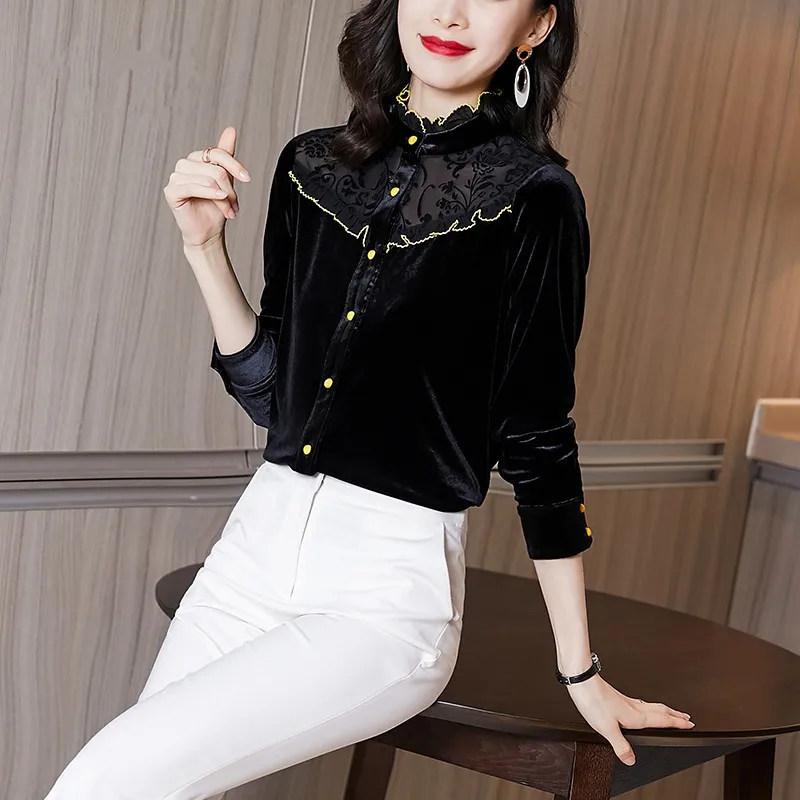 Stand Collar Lace Bottoming Shirt Autumn Winter Clothes Women Fashion Velvet Black Blouse Korean Office Slim Tops Blusas Mujer
Stand Collar Lace Bottoming Shirt Autumn Winter Clothes Women Fashion Velvet Black Blouse Korean Office Slim Tops Blusas Mujer