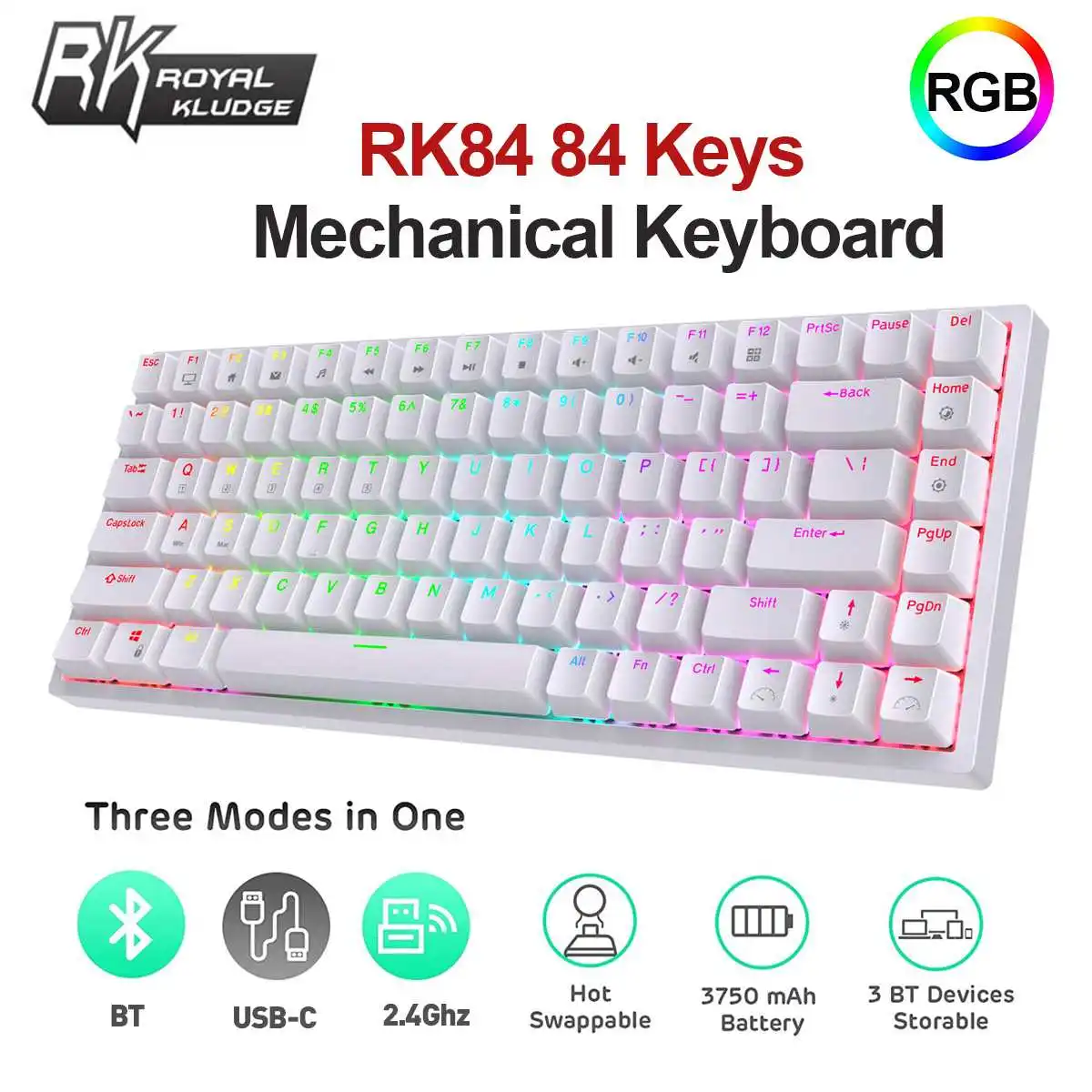 Royal Kludge RK84 Mechanical Keyboard 84 Keys RGB Wireless BT 5.0+2.4Ghz+Type-C Wired Hot-swap RK Switch USB Hub Gaming Keyboard
Royal Kludge RK84 Mechanical Keyboard 84 Keys RGB Wireless BT 5.0+2.4Ghz+Type-C Wired Hot-swap RK Switch USB Hub Gaming Keyboard