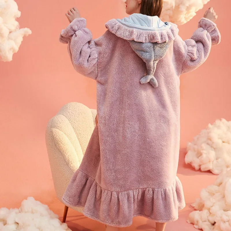 One Piece Grils Winter Pajamas Purple Coral Fleece Nightdress Women's Soft Fluffy Sleepwear Autumn Pajamas Hooded Home Service 
One Piece Grils Winter Pajamas Purple Coral Fleece Nightdress Women's Soft Fluffy Sleepwear Autumn Pajamas Hooded Home Service