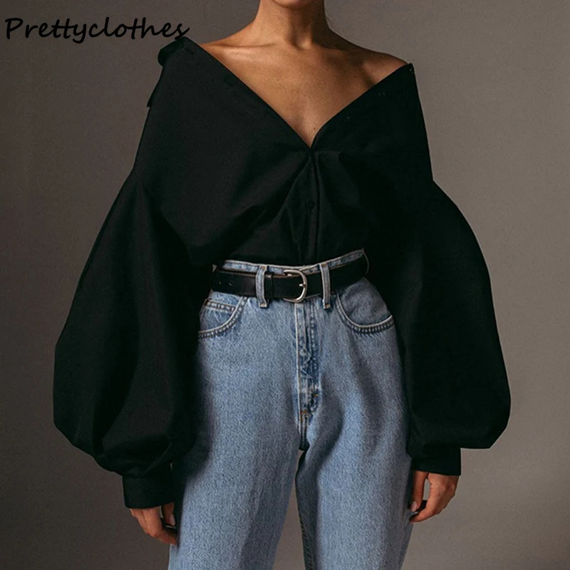 Women New Pretty Pure Color Loose Lapel Collar Casual All-Match Long Shirt Lantern Sleeve Black And White Fashion Female Tshirts
Women New Pretty Pure Color Loose Lapel Collar Casual All-Match Long Shirt Lantern Sleeve Black And White Fashion Female Tshirts