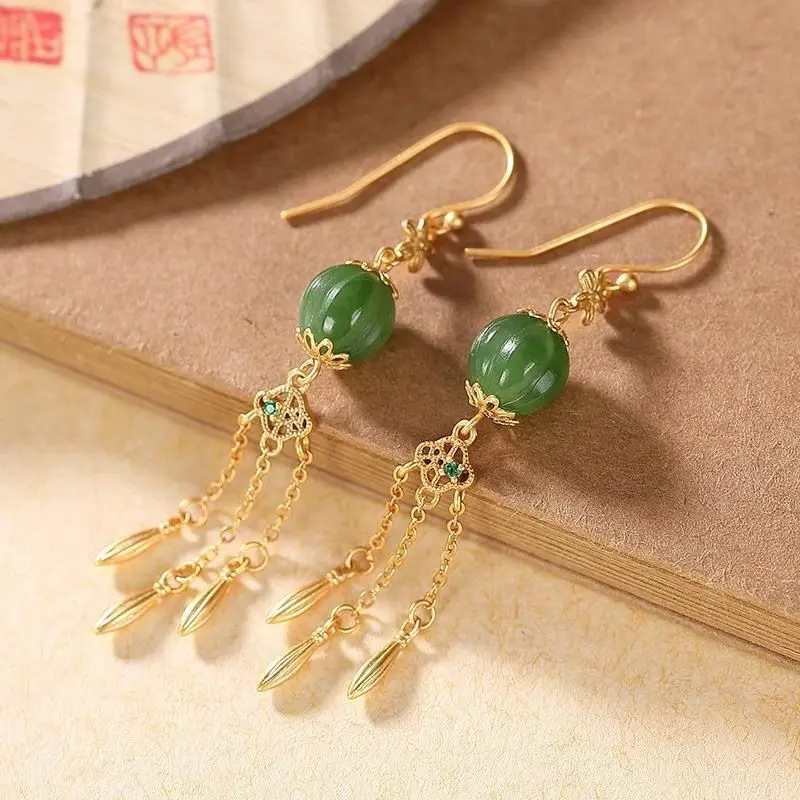 Antique Eardrops Long Fringe Earrings Natural Hetian Jade Green Jade Earrings Women's Temperamental Fairy Vintage Earrings Sterl
Antique Eardrops Long Fringe Earrings Natural Hetian Jade Green Jade Earrings Women's Temperamental Fairy Vintage Earrings Sterl