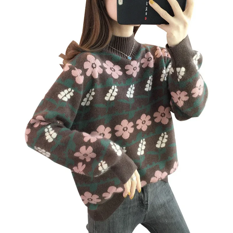 

Новый свитер с цветочным рисунком, женский элегантный повседневный свободный пуловер, свитера, женские весенне-осенние толстые теплые тонк...