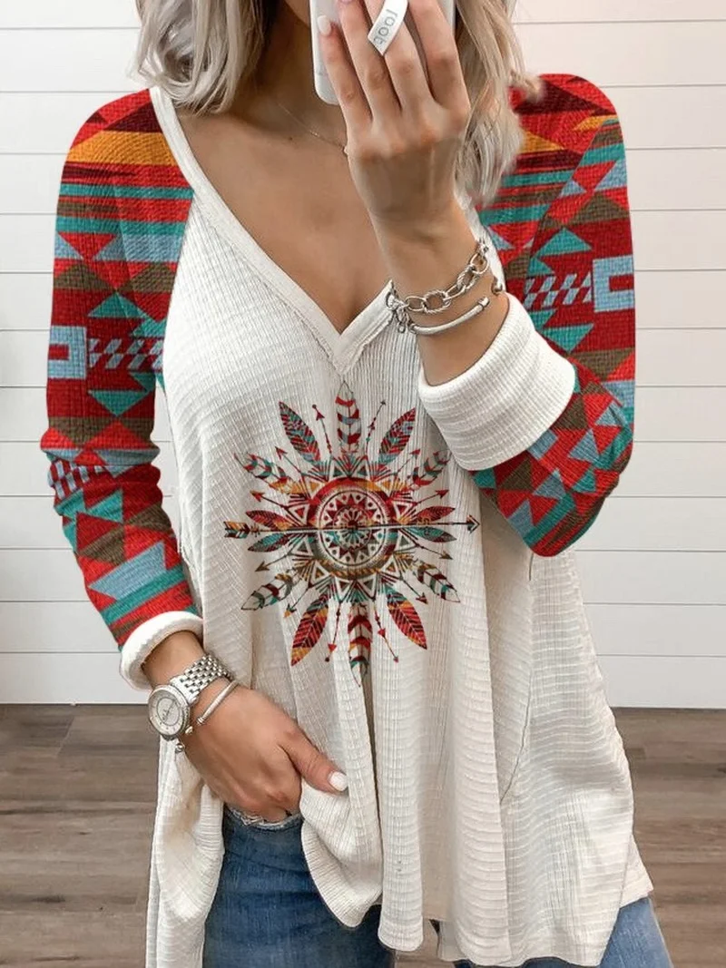 Donsignet Women Tshirts Fashion Women's Clothing 2021 Autumn Printing National Style Long Sleeve V-neck T-shirt Top Female
Donsignet Women Tshirts Fashion Women's Clothing 2021 Autumn Printing National Style Long Sleeve V-neck T-shirt Top Female